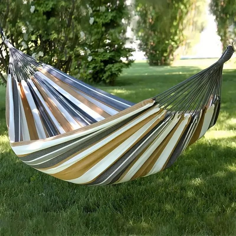 Heavy-Duty Striped Hammock for Camping, Indoor & Outdoor Use – Reinforced 650GSM Canvas, Single/Double Size, Includes Ropes & Storage Bag - Image 10