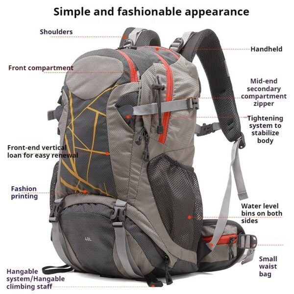 waterproof hiking backpack, 40L lightweight backpack, trekking bag with shoe compartment, ventilated hiking pack