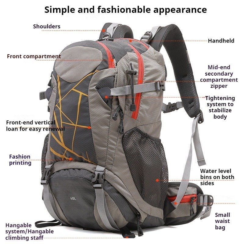 waterproof hiking backpack, 40L lightweight backpack, trekking bag with shoe compartment, ventilated hiking pack