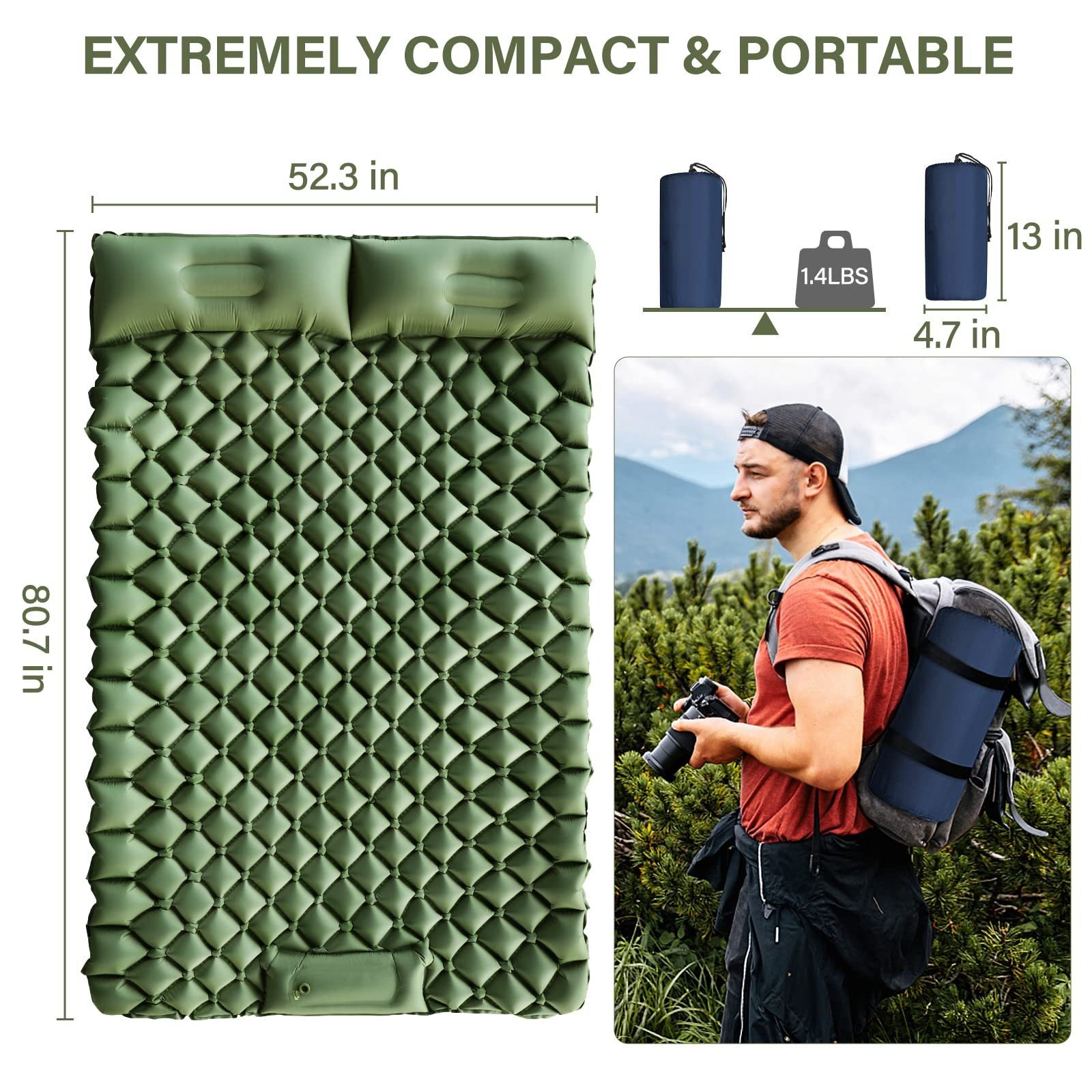 Double Inflatable Camping Mat - 40D Nylon & TPU Composite, Portable Air Mattress for Outdoor Camping, Hiking, Backpacking - Compact & Lightweight - Image 3