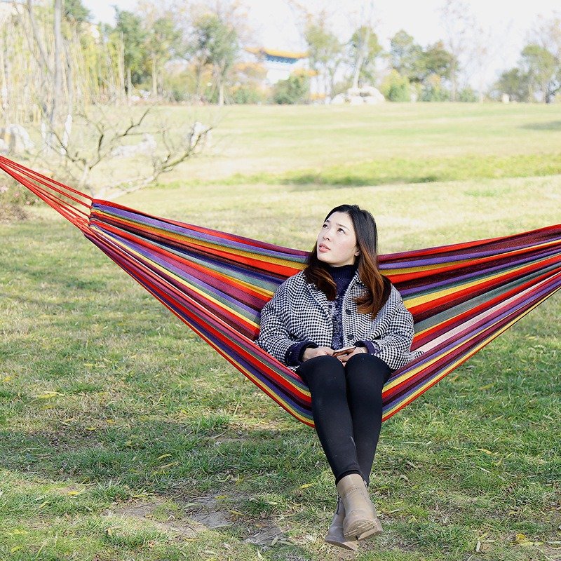 Heavy-Duty Striped Hammock for Camping, Indoor & Outdoor Use – Reinforced 650GSM Canvas, Single/Double Size, Includes Ropes & Storage Bag - Image 3