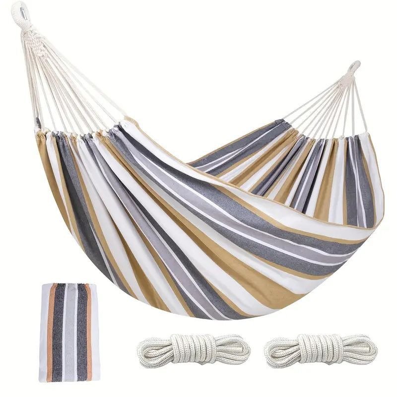 Heavy-Duty Striped Hammock for Camping, Indoor & Outdoor Use – Reinforced 650GSM Canvas, Single/Double Size, Includes Ropes & Storage Bag - Image 5