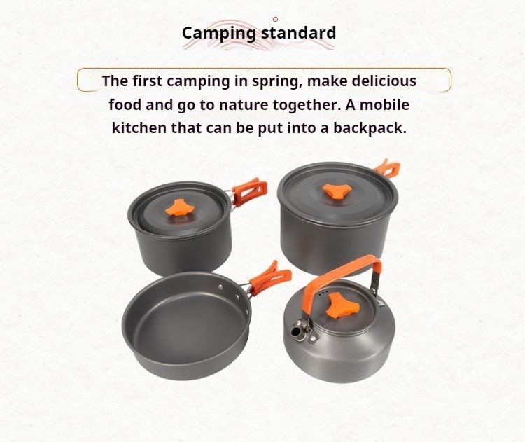 camping cookware set, portable frying pan, outdoor kettle, foldable picnic pots, hiking cooking gear