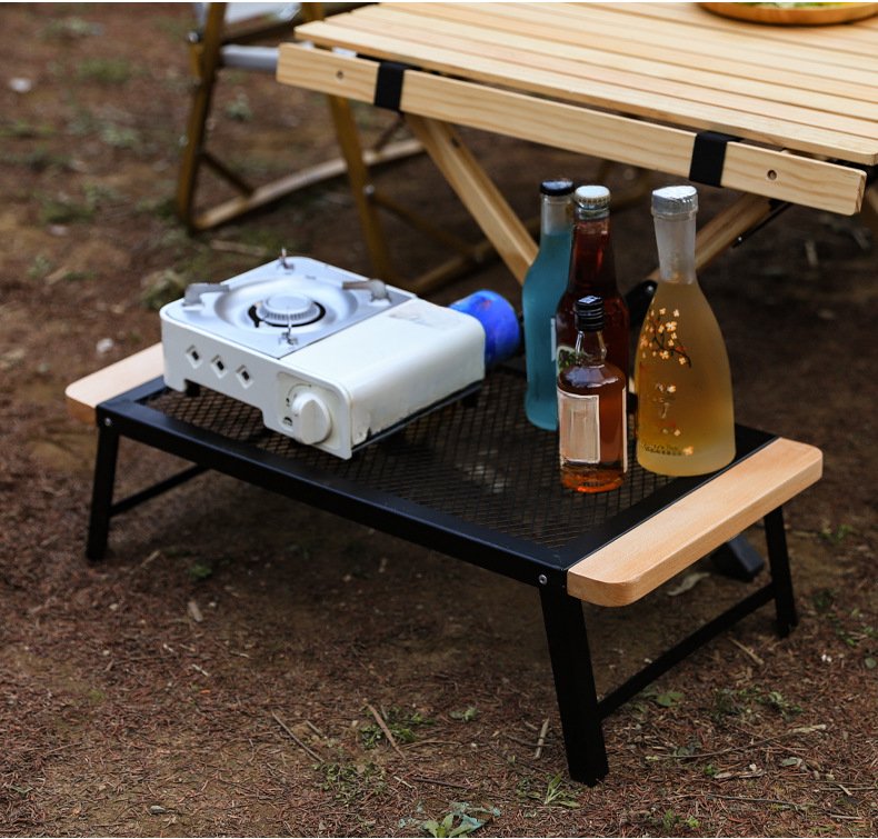 Portable Outdoor Camping Folding Table Set with Wooden Frame & Iron Mesh - Collapsible Picnic Table for Camping, Beach, BBQ | 4-Piece Set