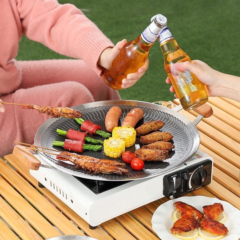 304 Stainless Steel Cooking Plate - Double-Sided Smokeless BBQ Griddle with Foldable Handle, 34cm/38cm Non-Stick Outdoor Cooking Pan for Gas Stove - Image 3