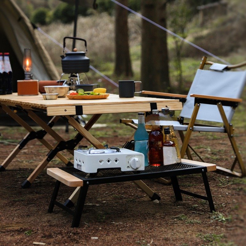 Portable Outdoor Camping Folding Table Set with Wooden Frame & Iron Mesh - Collapsible Picnic Table for Camping, Beach, BBQ | 4-Piece Set - Image 2