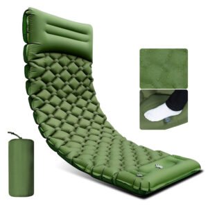 TGPao camping air mattress with foot pump in an outdoor tent camping scene, showing portable sleeping pad for backpacking.