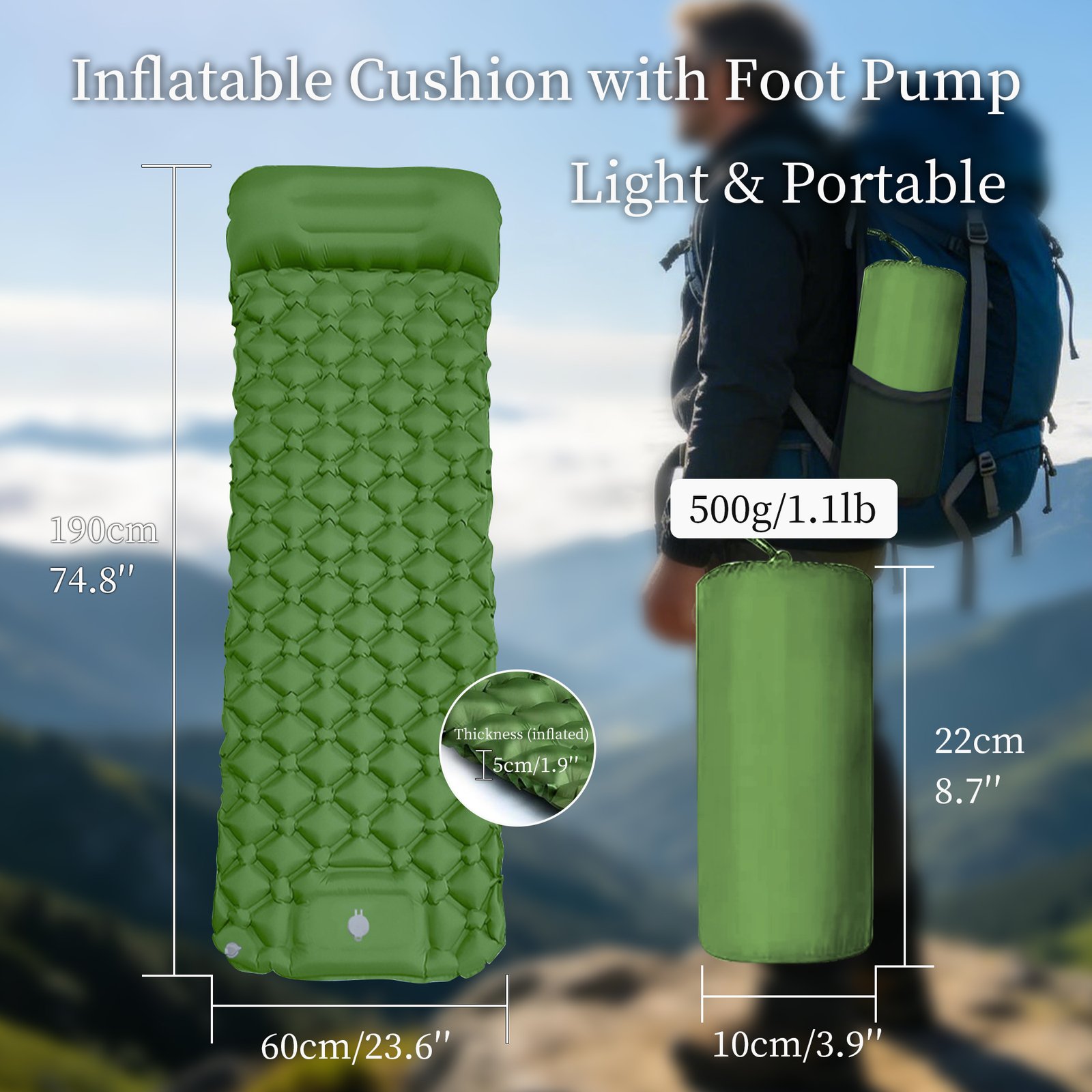 TGPao foot pump inflatable sleeping pad with built-in pump, demonstrating easy hands-free inflation for camping and hiking.