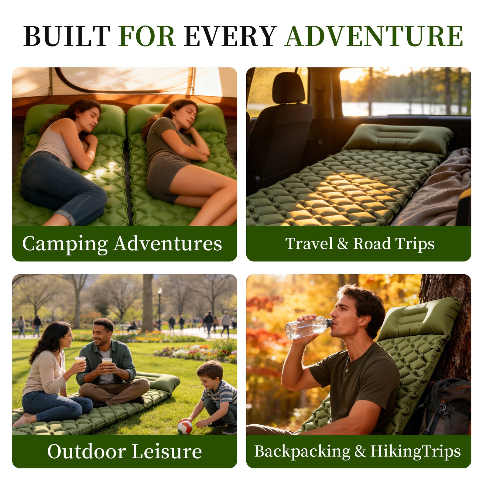 Versatile portable sleeping pad for hiking, travel, car camping, and overnight guests, showing multi-use scenarios.