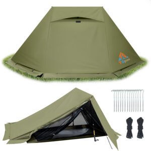TGpao 2-person trekking pole tent backpacking shelter set up in outdoor mountain camping scene, showing lightweight pole-free design.