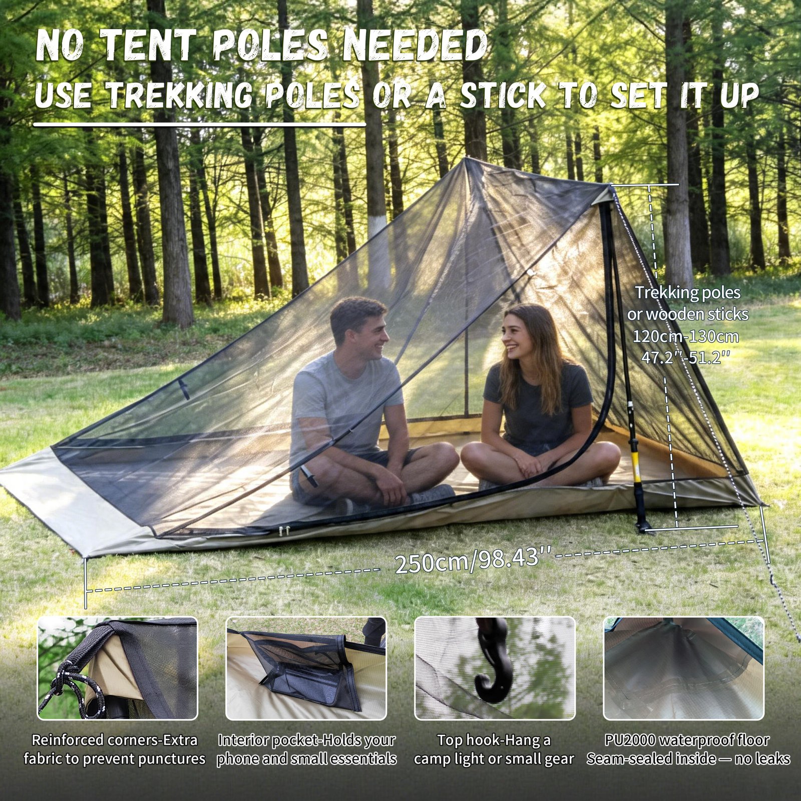 Waterproof PU2000 Rainfly with Sealed Seams Waterproof PU2000 rainfly and floor of TGpao backpacking tent with pressure-sealed seams, providing deep waterproof protection for camping.
