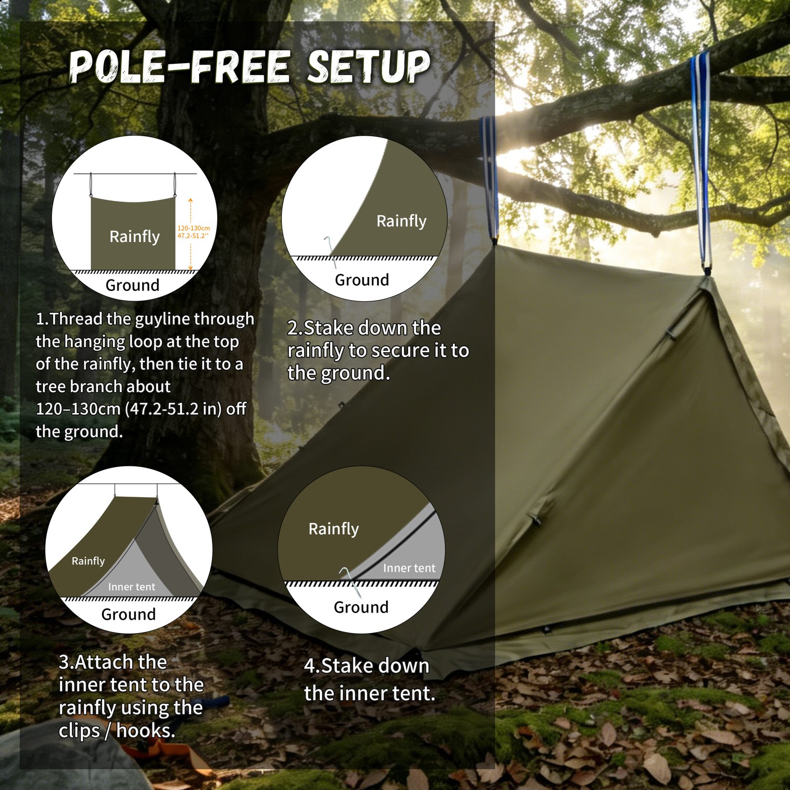 Windproof Skirt Design and Guy Lines Windproof skirt design and guy lines of TGpao trekking pole tent, showing reinforced edges that can be secured with mud or snow for stability.